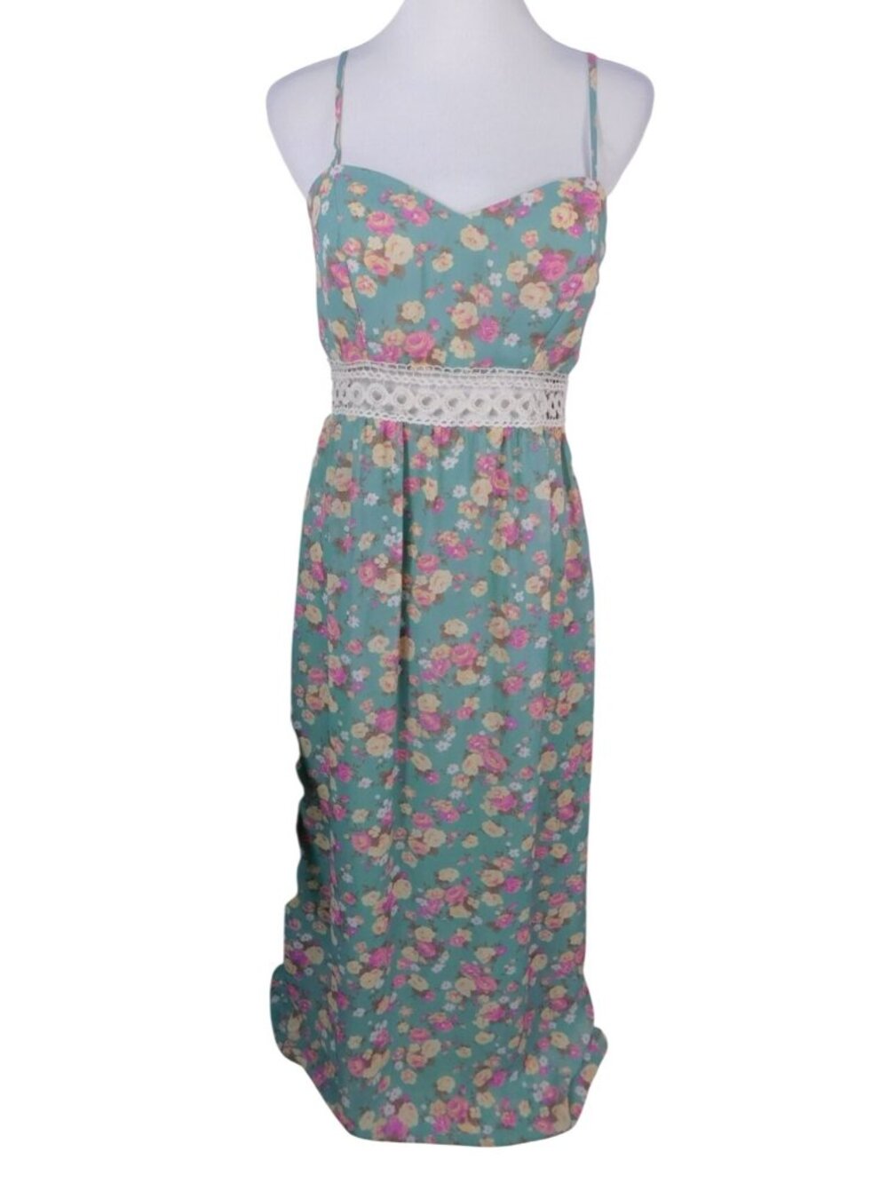 Floral Maxi Dress With Crochet Lace Waist Adjustable Straps Aqua & Pink Size 7/8